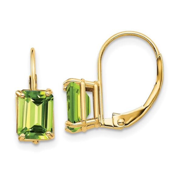 Kazi Luxury 14k Yellow Gold 7x5mm Emerald Cut Peridot Leverback Earrings